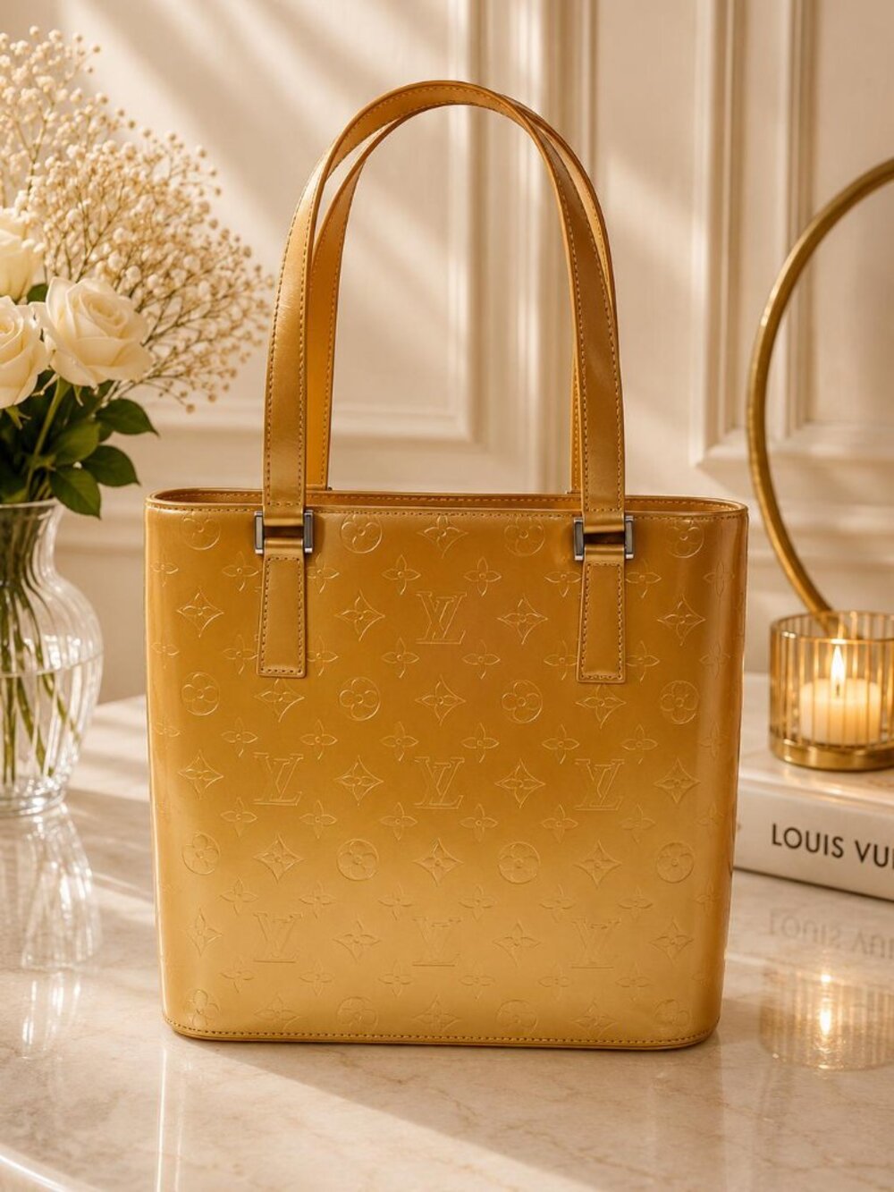 Authentic Louis Vuitton Stockton Monogram Mat Tote Bag Gold Leather Shoulder Bag